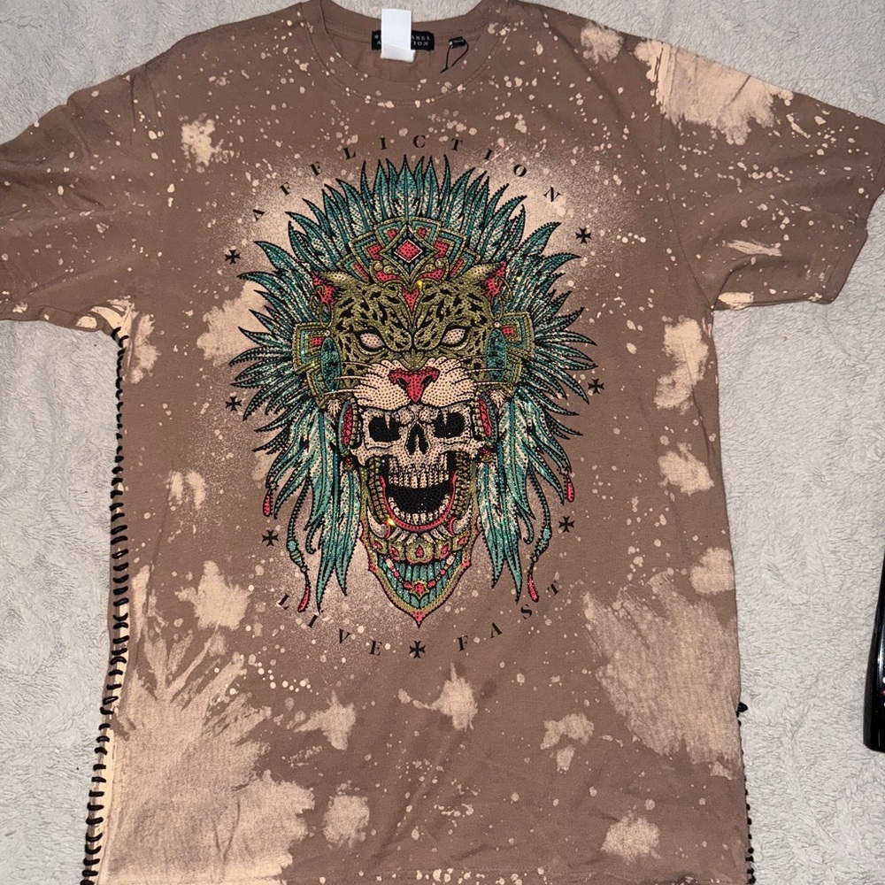 Affliction Tan Graphic Tee with Unique Design
